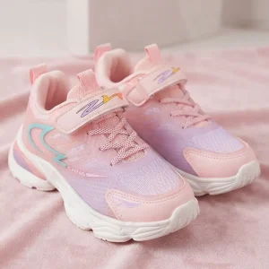 Girls pink lightweight sports sneakers with breathable mesh upper, hook-and-loop strap, cushioned sole, and anti-slip outsole for kids' everyday wear.