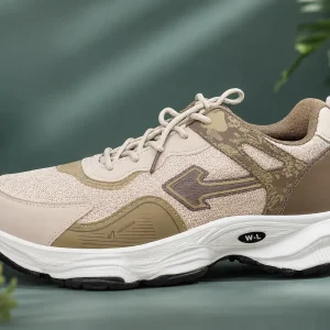 Men's beige running sneakers with breathable upper, cushioned sole, lace-up design, and anti-slip outsole for walking, sports, travel, gym, and everyday casual wear.