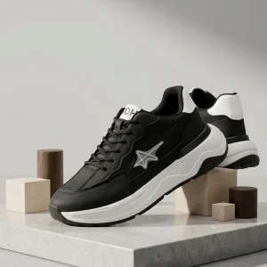 Men's black lace-up running sneakers with breathable mesh upper, cushioned white sole, and anti-slip outsole for walking, gym, office, travel, sports, and everyday casual wear.