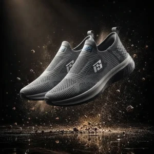 Men's grey slip-on running shoes with breathable knitted mesh upper, lightweight cushioned sole, and anti-slip outsole for walking, running, gym, travel, office, and everyday casual wear.