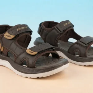 Men's dark grey outdoor sports sandals with adjustable hook-and-loop straps, cushioned footbed, breathable open design, and anti-slip sole.