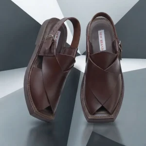 Premium brown men's Peshawari sandals with adjustable buckle strap, cross-strap design, cushioned footbed, and durable anti-slip sole.