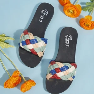 Women's black slide slippers featuring colorful braided woven straps with cushioned footbed and comfortable slip-on casual design.