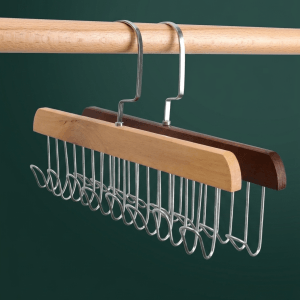 Wooden multifunctional hanger with stainless steel multi-hooks hanging on a closet rod, designed for organizing ties, belts, scarves, underwear, bras, socks, and clothing accessories.