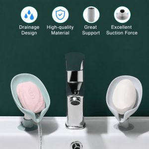 Leaf-shaped soap dish holder with suction base and drainage design