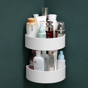 2 Tier wall mounted corner bathroom organizer shelf for storing shampoo bottles, skincare products, cosmetics, and toiletries in bathroom corners.