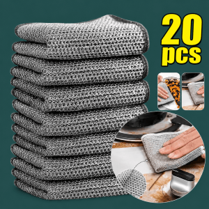 20-piece heavy-duty stainless steel wire scrub pads for cleaning pots, pans, grills, sinks, and removing stubborn grease and burnt food residue.