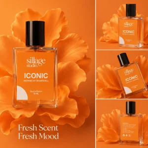 Sillage Studio Iconic Eau De Parfum 50ml glass perfume bottle collage set against vibrant orange flower petals