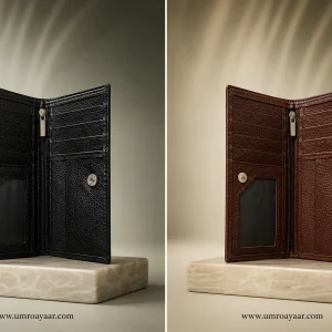 Open brown & black textured genuine leather long bifold wallet showing card slots, ID window, zipper pocket, and magnetic snap closure