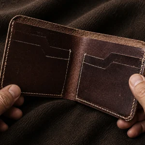 Open handcrafted cow brown full grain leather bifold wallet with contrast hand stitching and angled card slots