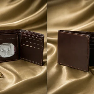 Side-by-side view of an open and folded brown genuine Napa leather bifold wallet with oval ID slot on gold fabric