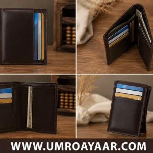 Four-way composite view showing dark brown leather card holder bifold wallet folded, open, and loaded with credit cards and cash