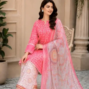 3-piece Pink cotton Bughti embroidered suit with printed Monnar dupatta