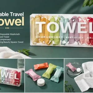 14-piece portable compressed disposable travel towels in colorful individual packaging