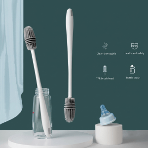 Long-handle silicone baby bottle cleaning brush with soft TPR bristles for deep cleaning baby bottles, water bottles, tumblers, and drinkware.
