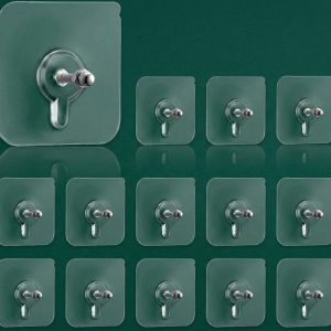 Transparent self adhesive wall hooks with stainless steel hooks for hanging towels, kitchen utensils, keys, bags, and home accessories without drilling.