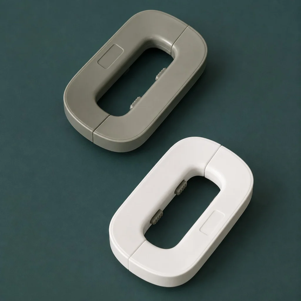 U-shaped child safety lock for doors and cabinets in white and gray 2