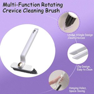 Purple rotating crevice cleaning brush with built-in hair removal tool, designed for cleaning bathroom corners, grout, window tracks, toilets, and kitchen surfaces.
