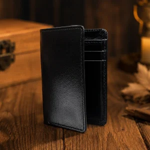 Black RFID leather card holder wallet with multiple card slots for credit cards and ID cards